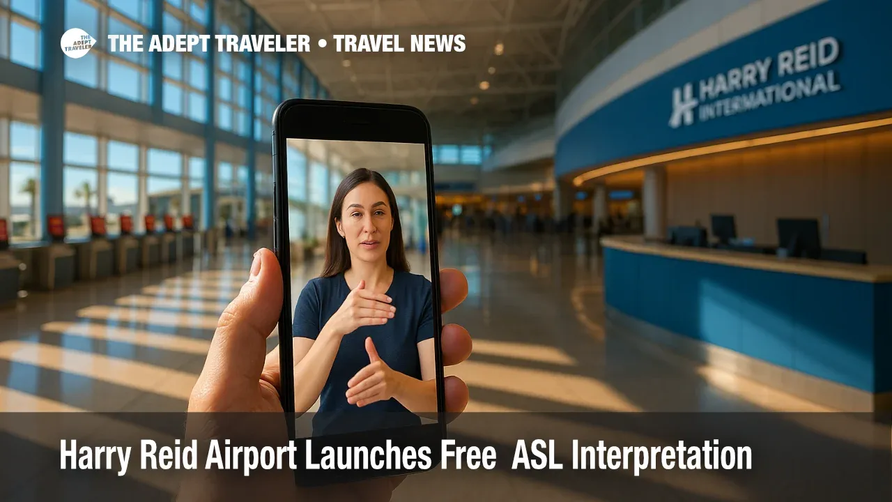 Traveler using the Aira ASL app at Harry Reid Airport check-in, highlighting new ASL interpretation service.