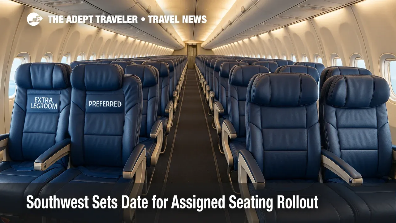 Wide-angle view down a Southwest Airlines 737 cabin illustrating assigned seating zones and extra legroom rows.