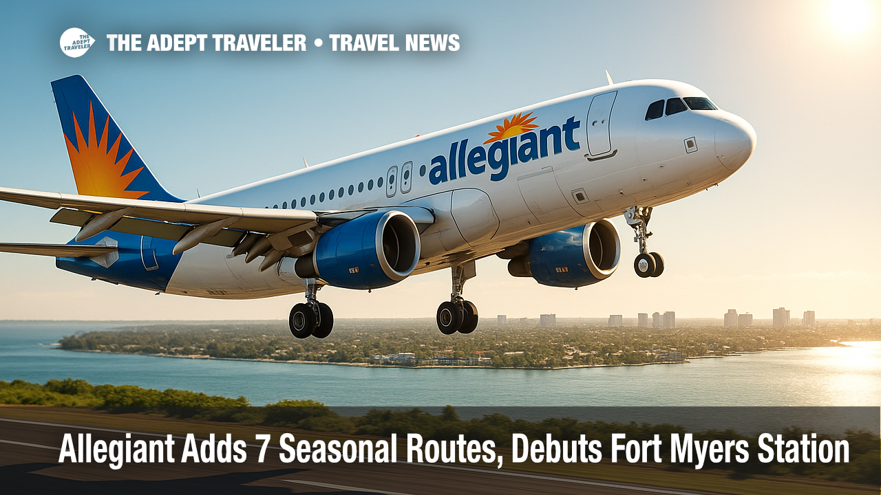 Allegiant Airbus A320 ascends over Fort Myers shoreline, illustrating new Allegiant seasonal routes launch.