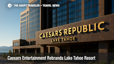 The newly rebranded Caesars Republic Lake Tahoe resort gleams lakeside under clear skies after its \$160 million makeover.