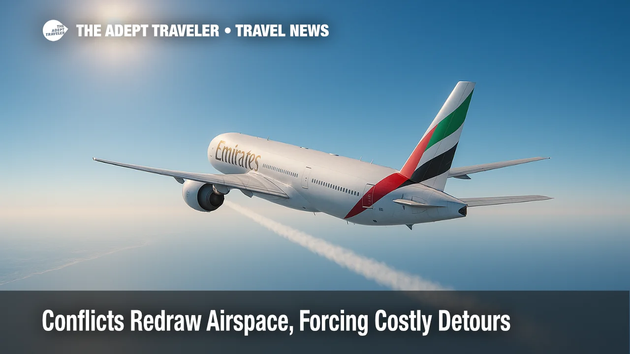 Several commercial jets leave bright contrails that converge over the Eastern Mediterranean, illustrating airspace closures and flight detours.