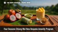 Welcome tray at Four Seasons Chiang Mai with fruit, larb wrap, and mango parfait from bespoke amenity program.
