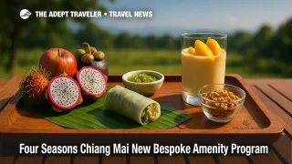 Welcome tray at Four Seasons Chiang Mai with fruit, larb wrap, and mango parfait from bespoke amenity program.