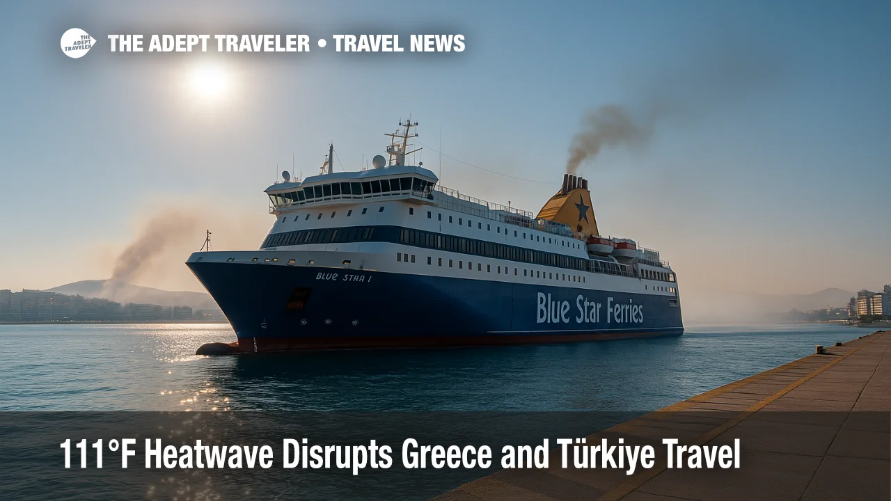 Blue Star ferry at hazy Piraeus dock underscores ferry cancellations amid Greece heatwave travel advice.