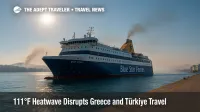 Blue Star ferry at hazy Piraeus dock underscores ferry cancellations amid Greece heatwave travel advice.