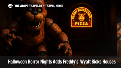 Freddy Fazbear animatronic looms in a haunted corridor at Halloween Horror Nights haunted house, inviting brave travelers.