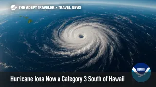 Satellite view of major Hurricane Iona south of Hawaii shows swirling eye, signaling travel impacts for Hawaii visitors.
