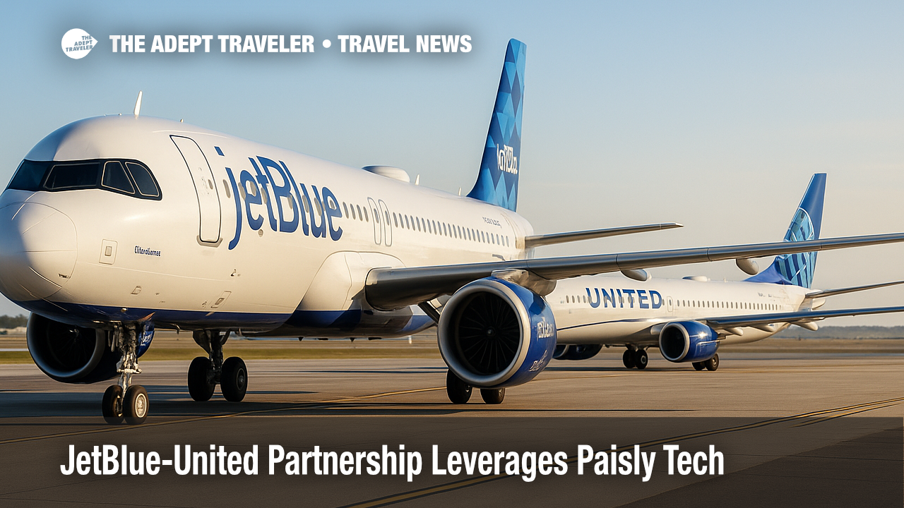 Two aircraft-one JetBlue, one United-share a sunlit runway, illustrating the JetBlue United partnership.