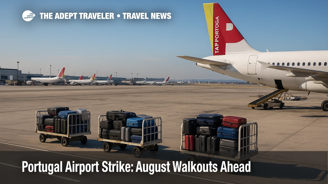 Lisbon Airport ramp during ground-handling strike shows idle carts beside TAP aircraft, illustrating Portugal airport strike.
