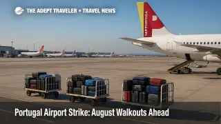 Lisbon Airport ramp during ground-handling strike shows idle carts beside TAP aircraft, illustrating Portugal airport strike.