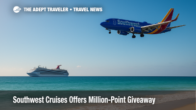 A Southwest jet descends toward an island runway as a distant Carnival cruise ship sails offshore, viewed from a sunlit beach.
