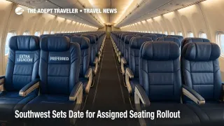 Wide-angle view down a Southwest Airlines 737 cabin illustrating assigned seating zones and extra legroom rows.