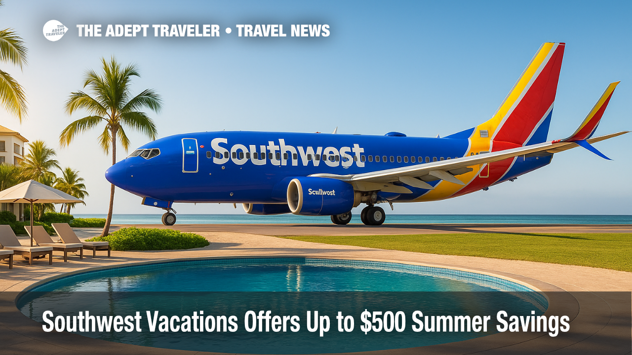 Southwest Airlines jet passes a sun-drenched beachfront resort, illustrating Southwest Vacations promotion.