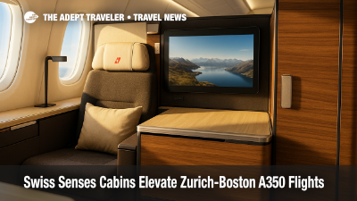 A Swiss A350-900 first-class suite showcases the new Swiss Senses cabins, featuring wood tones and sliding doors.