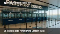 Passport control booths at Heathrow showing checks for UK parental consent letters required for solo-parent travelers.