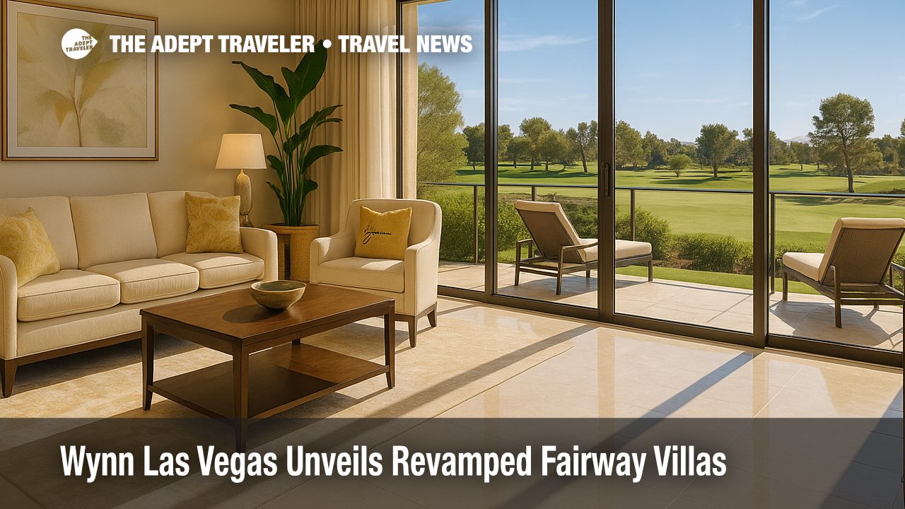 Sunlit living room in a renovated Wynn Las Vegas Fairway Villa, showcasing serene colors and golf-course views.