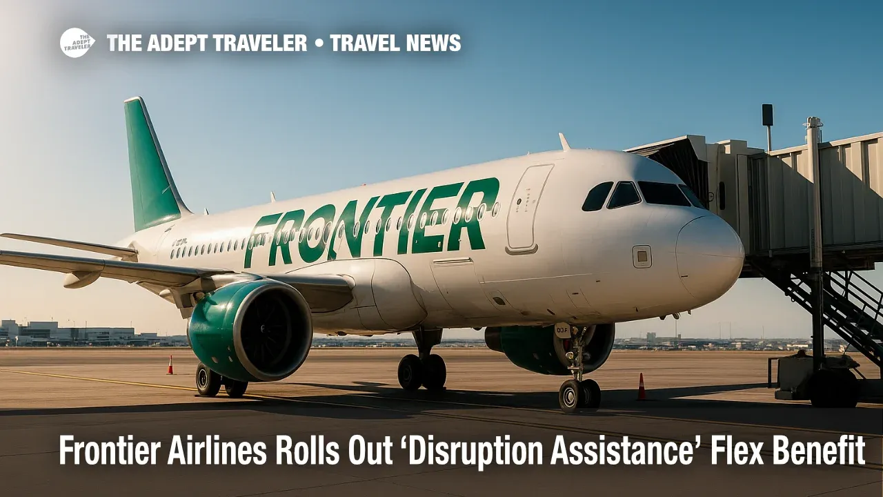 An A320neo in Frontier's green-tail livery at a Denver gate illustrates the new Frontier Airlines Disruption Assistance program.