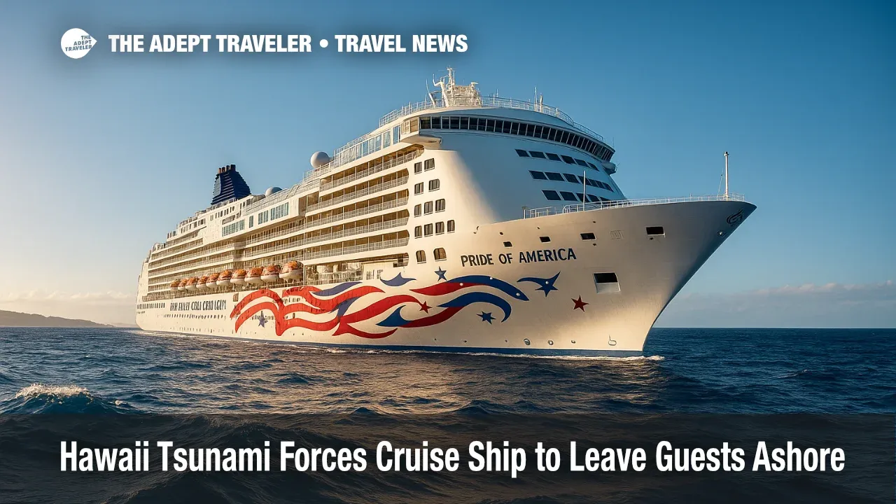 Pride of America cruises safely in deep water off Hilo during Hawaii tsunami advisory, illustrating maritime evacuation protocol.