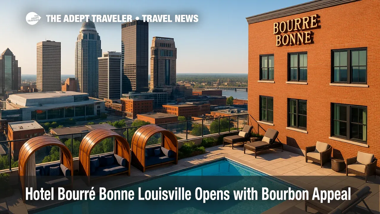 Rooftop pool at Hotel Bourré Bonne Louisville, Curio Collection, with city skyline and bourbon-inspired accents in warm sunlight.