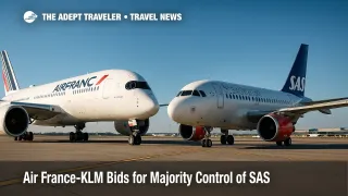 Air France and SAS jets face each other at Copenhagen Airport, illustrating Air France-KLM majority stake in SAS deal.