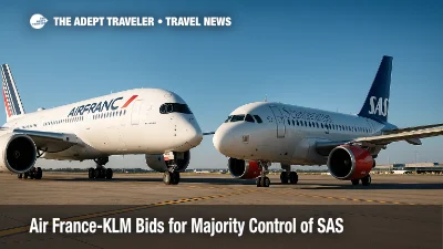 Air France and SAS jets face each other at Copenhagen Airport, illustrating Air France-KLM majority stake in SAS deal.