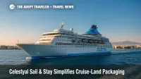 Celestyal ship near Athens skyline highlights Celestyal Sail & Stay cruise-land packages for travel advisors.