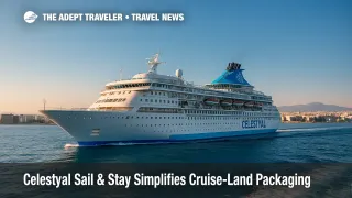 Celestyal ship near Athens skyline highlights Celestyal Sail & Stay cruise-land packages for travel advisors.