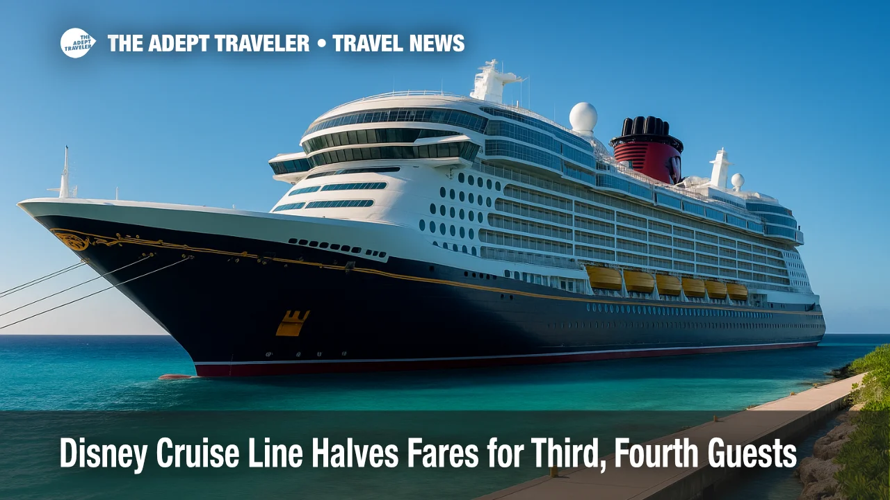 A Disney Cruise Line ship berthed at Castaway Cay under clear skies, illustrating the latest Disney cruise discount promotion.