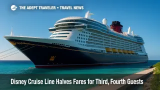 A Disney Cruise Line ship berthed at Castaway Cay under clear skies, illustrating the latest Disney cruise discount promotion.