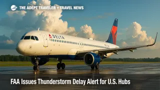 A Delta jet idles on a rain-slick Atlanta runway beneath retreating storm clouds, illustrating today's thunderstorm delays for U.S. hubs.