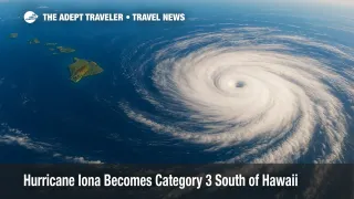 Satellite view shows Hurricane Iona, a Category 3 storm, spinning south of Hawaii with broad cloud bands over deep blue Pacific.