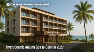 Concept rendering shows the future Hyatt Centric Anjuna Goa facade with palm trees and ocean backdrop, highlighting the new hotel.
