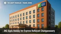 Exterior rendering of Holiday Inn Express Kottayam Changanassery, new IHG hotel in Kerala, under blue sky.