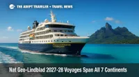 National Geographic Resolution passes Bora Bora, previewing Lindblad's 2027-28 voyages to seven continents.