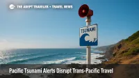 Tsunami beacon towers above a Pacific bluff, warning travelers after Kamchatka quake, illustrating Pacific tsunami alerts.