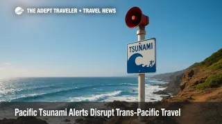Tsunami beacon towers above a Pacific bluff, warning travelers after Kamchatka quake, illustrating Pacific tsunami alerts.
