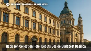 The Radisson Collection Hotel Budapest gleams beside St. Stephen's Basilica under clear skies, showcasing a new luxury hotel opening.