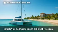 A Sandals-branded catamaran rests in clear turquoise water off a palm-lined Caribbean beach with a Sandals resort behind, illustrating the Feel the Warmth sale’s free cruise perk.