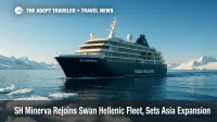 Expedition ship SH Minerva cruises past Antarctic ice floes under clear skies, signaling its fleet return.