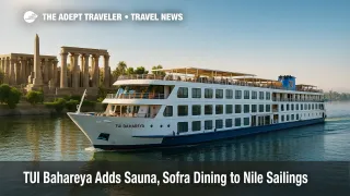 TUI Bahareya river ship sails the Nile near Luxor Temple, showcasing new sauna and Sofra dining venues on its top deck.