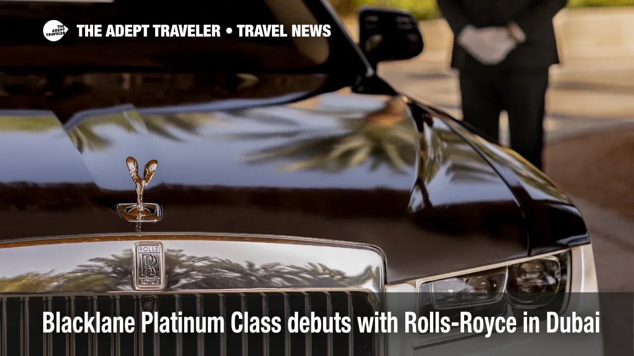 A Blacklane Platinum Class Rolls-Royce Ghost waits curbside at Dubai International Airport, showcasing the new luxury chauffeur service.