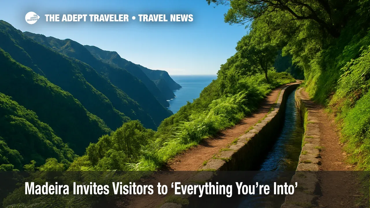 Elevated view of a lush Laurisilva levada trail overlooking the Atlantic, highlighting Madeira travel adventure opportunities.