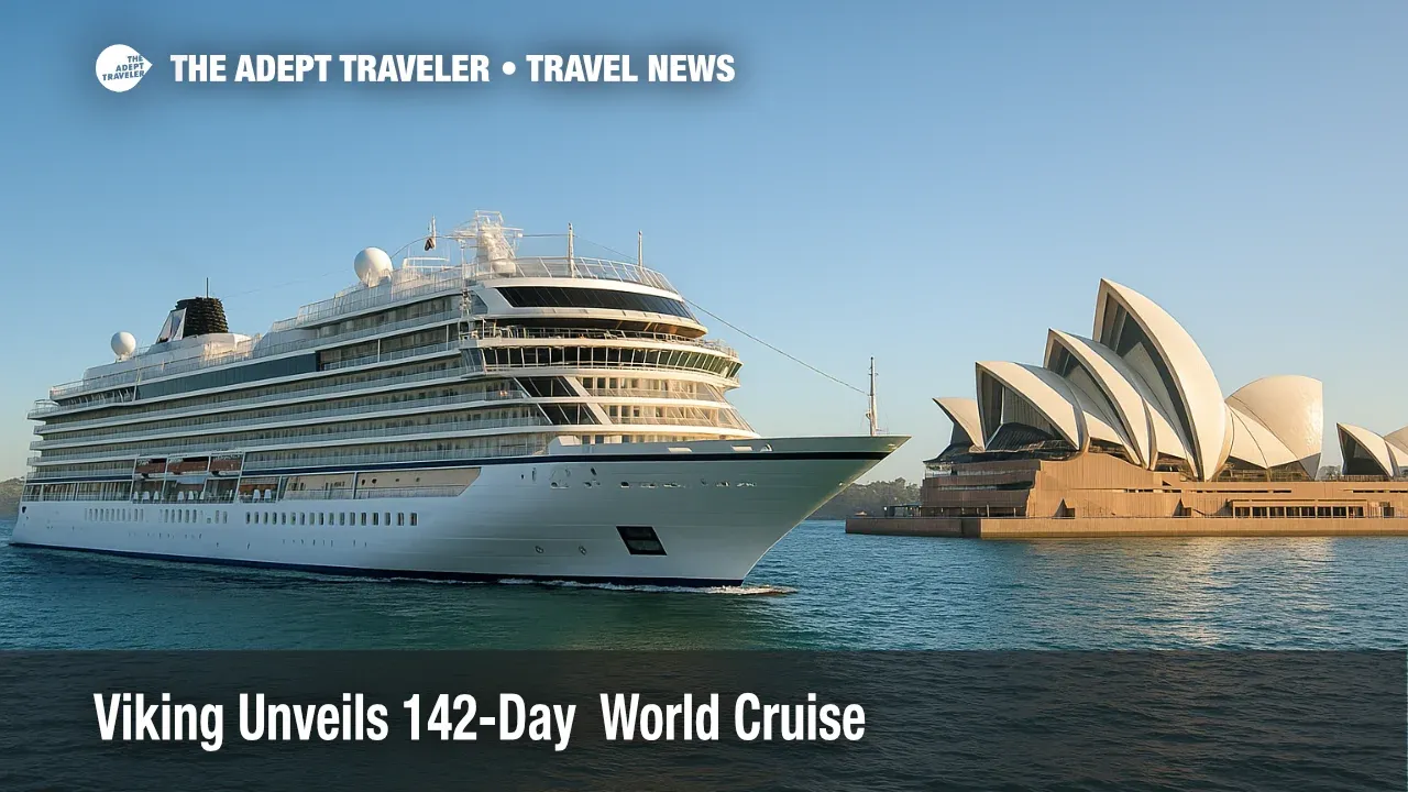 Viking Sky sails by Sydney Opera House during the 142-day Viking World Cruise 2027, showing the global route.