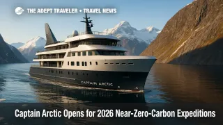 Captain Arctic expedition ship sails silently in a Norwegian fjord, showcasing near-zero-carbon Arctic expedition cruising.