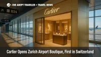 Cartier's champagne-gold boutique gleams inside Zurich Airport concourse, gate signs and jet visible beyond windows.
