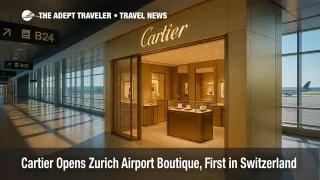 Cartier's champagne-gold boutique gleams inside Zurich Airport concourse, gate signs and jet visible beyond windows.