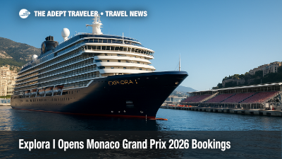 EXPLORA I docked beside Monaco grandstands under blue skies during 2026 Grand Prix, highlighting luxury cruise stay.