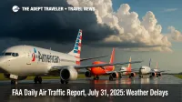 Airliners queue on rain-slick taxiways beneath towering storm clouds, illustrating FAA Daily Air Traffic Report weather delays.