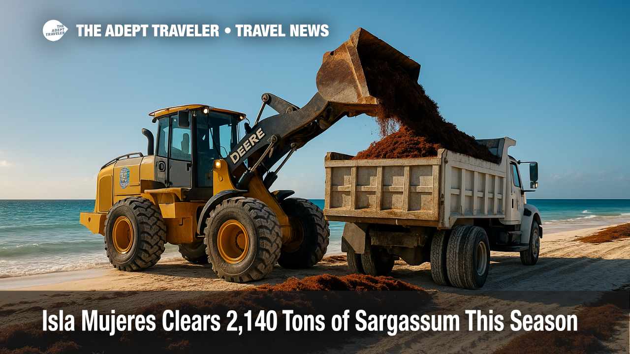 Workers scoop fresh sargassum into a truck at sunrise on Isla Mujeres, illustrating the ongoing beach cleanup effort.