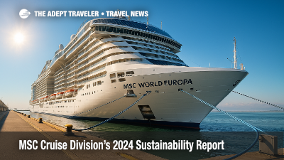 MSC World Europa connected to shore power highlights MSC Cruise Division sustainability report progress.